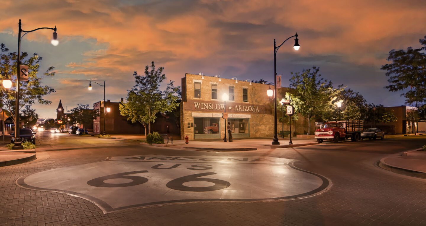 Intersection near our Winslow, Arizona hotel featuring a Route 66 emblem