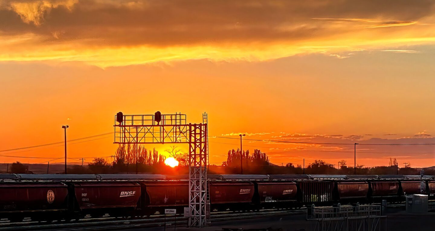 Sunset over a trainyard near our hotel in Winslow, Arizona