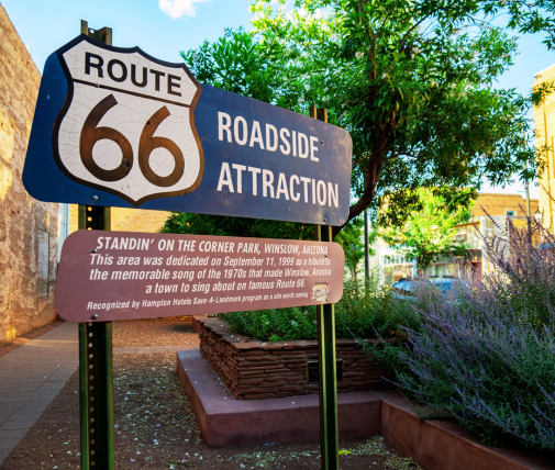 Standin' on The Corner Park with a Route 66 Sign