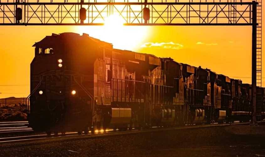 Sunset illuminating a train from behind near our lodging in Winslow, AZ