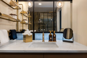 a bathroom with a sink and a mirror