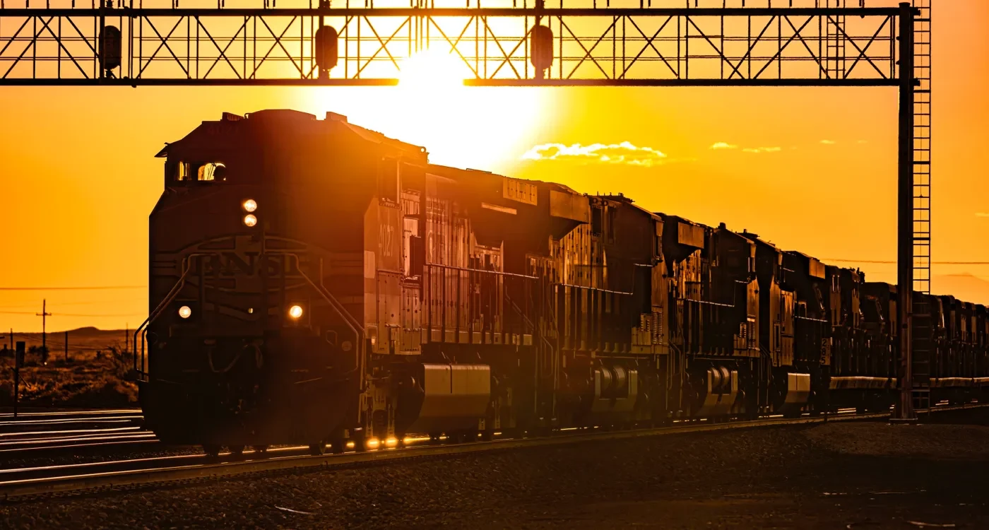 A train travels along a track at sunset.