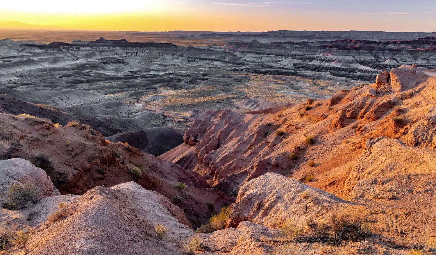 A rocky landscape with a canyon in the distance, featuring a sunset or sunrise.